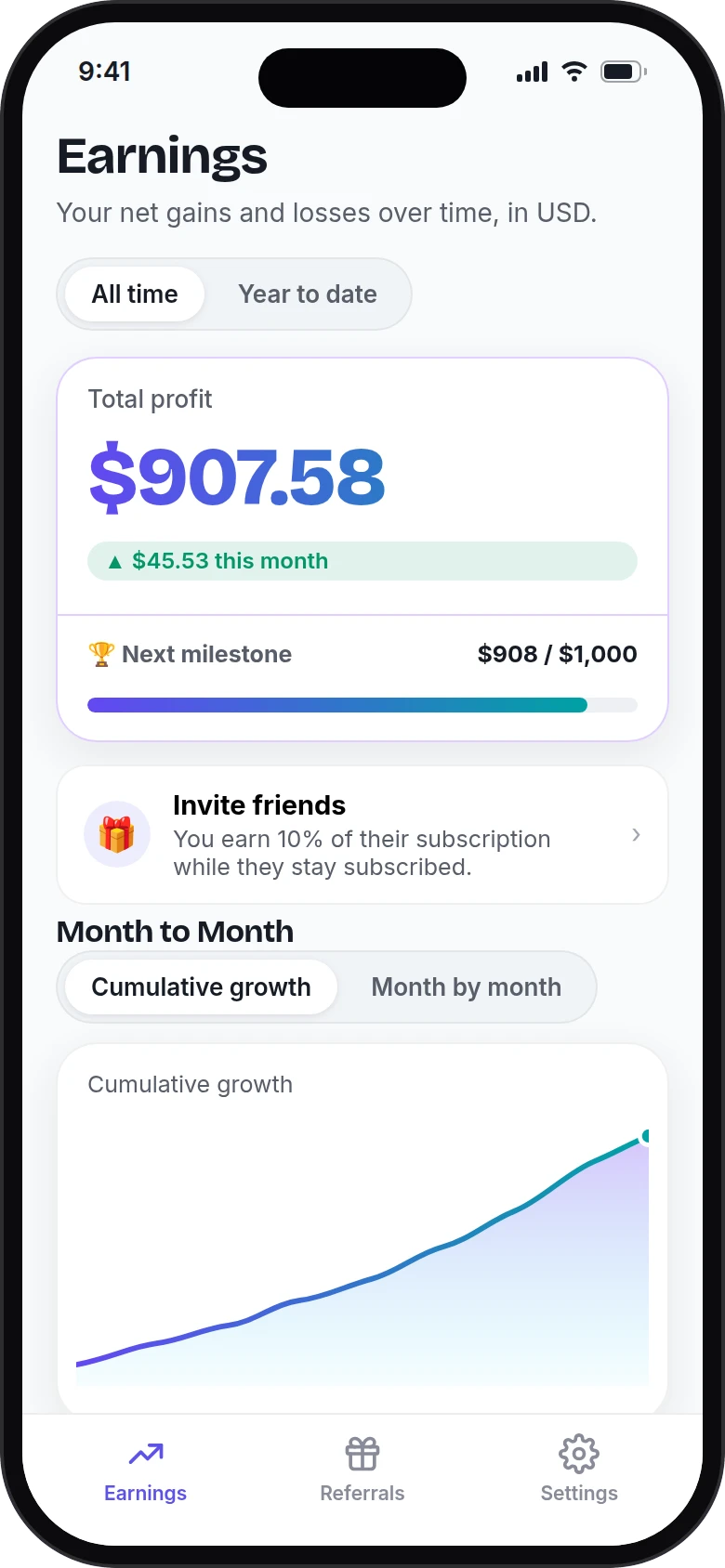 OneArbitrage mobile app Earnings screen with total profit, milestone progress, and month-to-month growth chart.