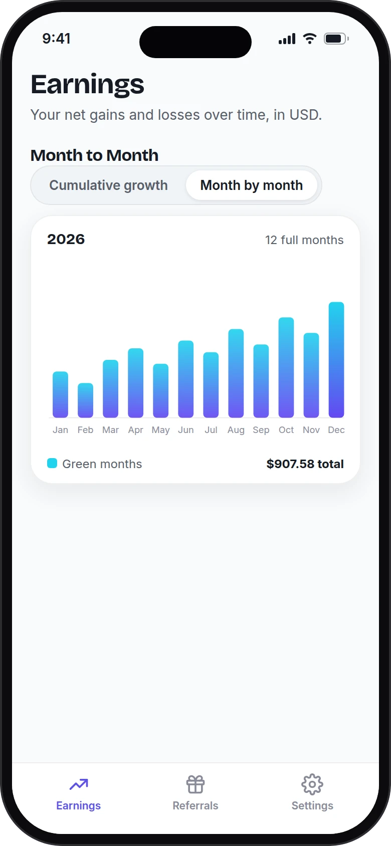 OneArbitrage mobile app month-by-month earnings bars.