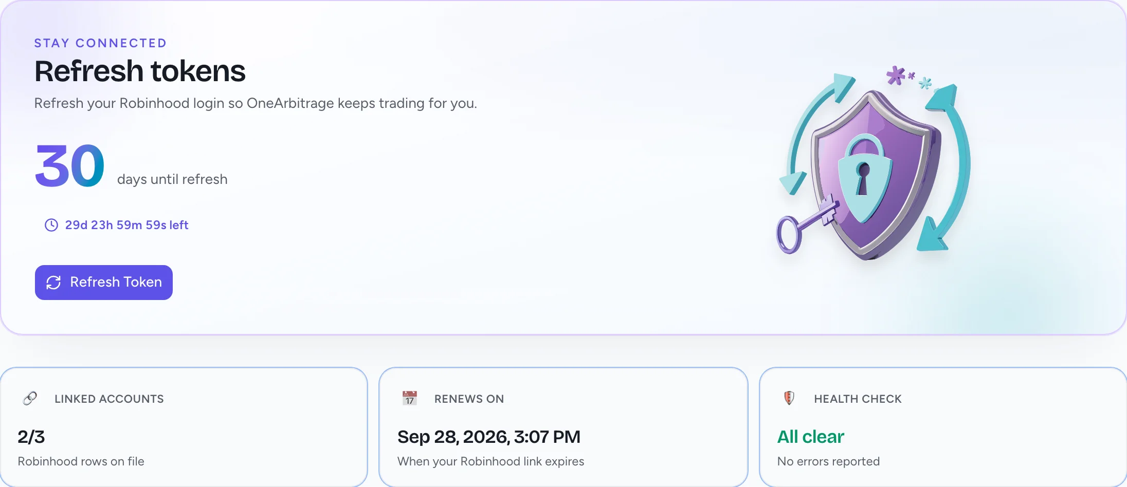 Linked brokerage status in OneArbitrage with refresh token countdown and account health.