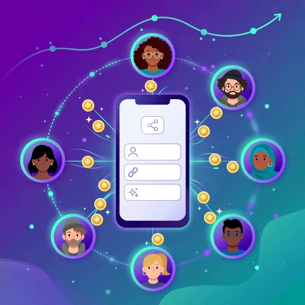 Illustration of a phone sharing a link, ringed by people, coins, and a rising chart.